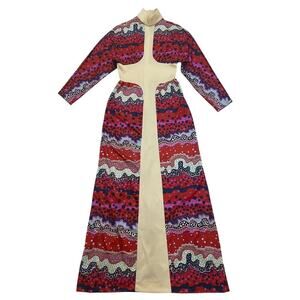 Vintage 70s Disco Queen Maxi Dress M | Cutout Waist, Psychedelic Mod Print